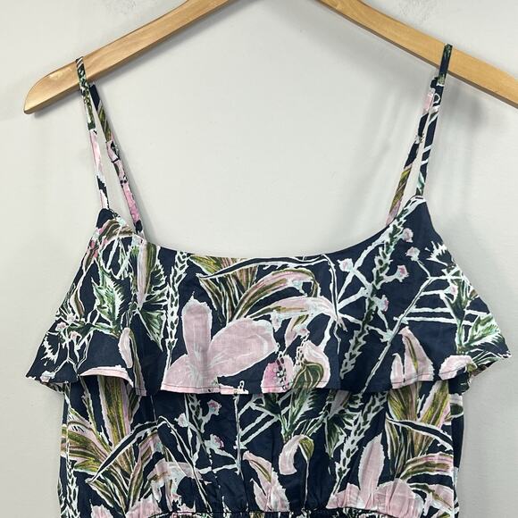 Vineyard Vines Navy Blue Floral Ruffle Midi Tank Dress Size L Smocked - Picture 2 of 12